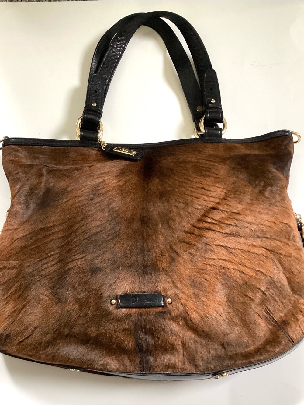 Cole Haan Brown Tantivy Chestnut Haircalf Cowhide Sachtel with Black Handles